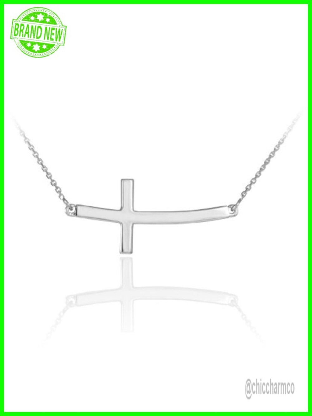 14K White Gold Sideways Cross Necklace Curved Rolo Chain Pendant